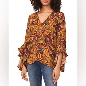 Vince Camuto Paisley V-Neck Blouse - Burgundy and Gold